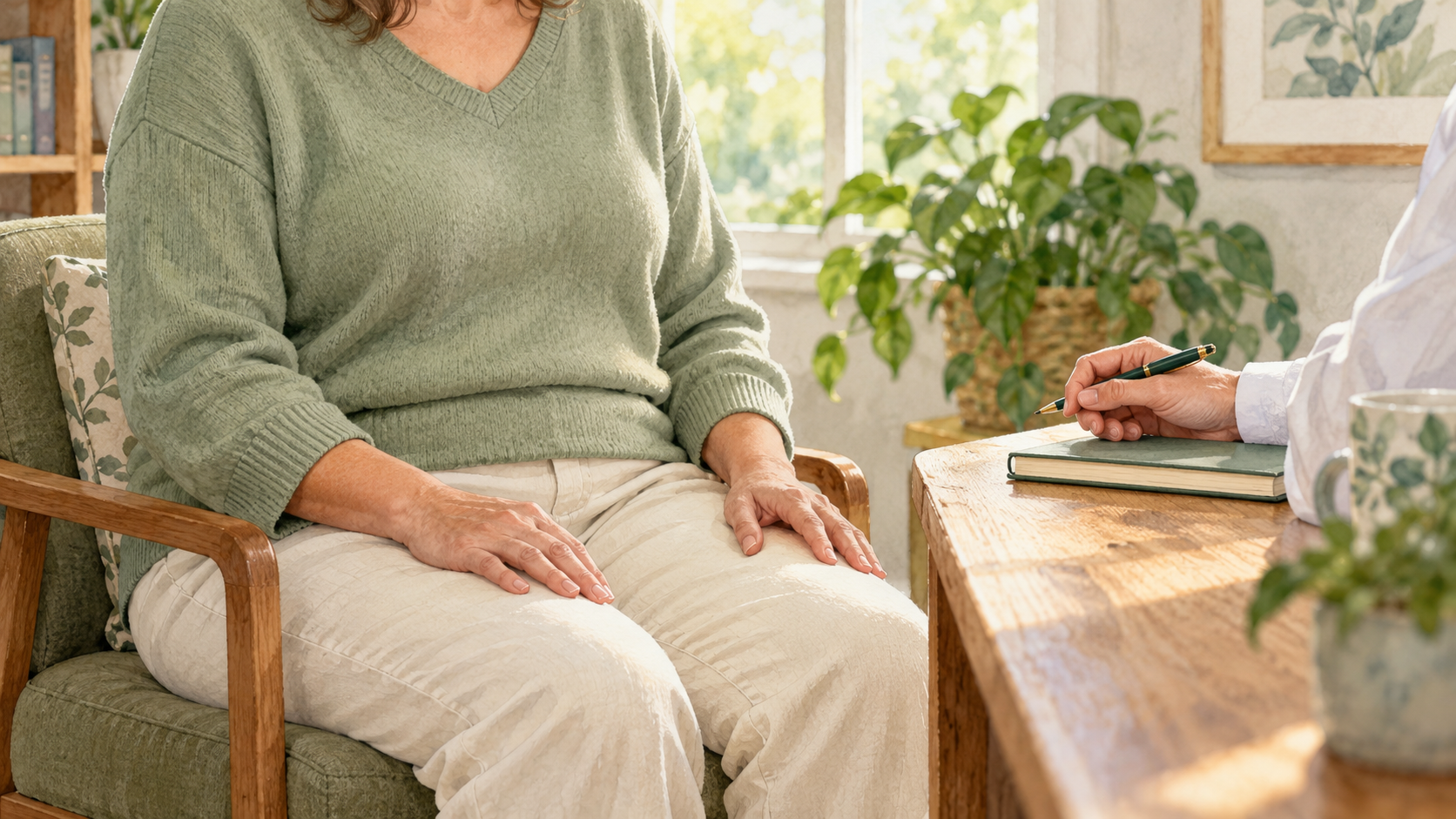 Illustration of a clothed adult seated at a consultation desk, discussing body changes with a clinician.