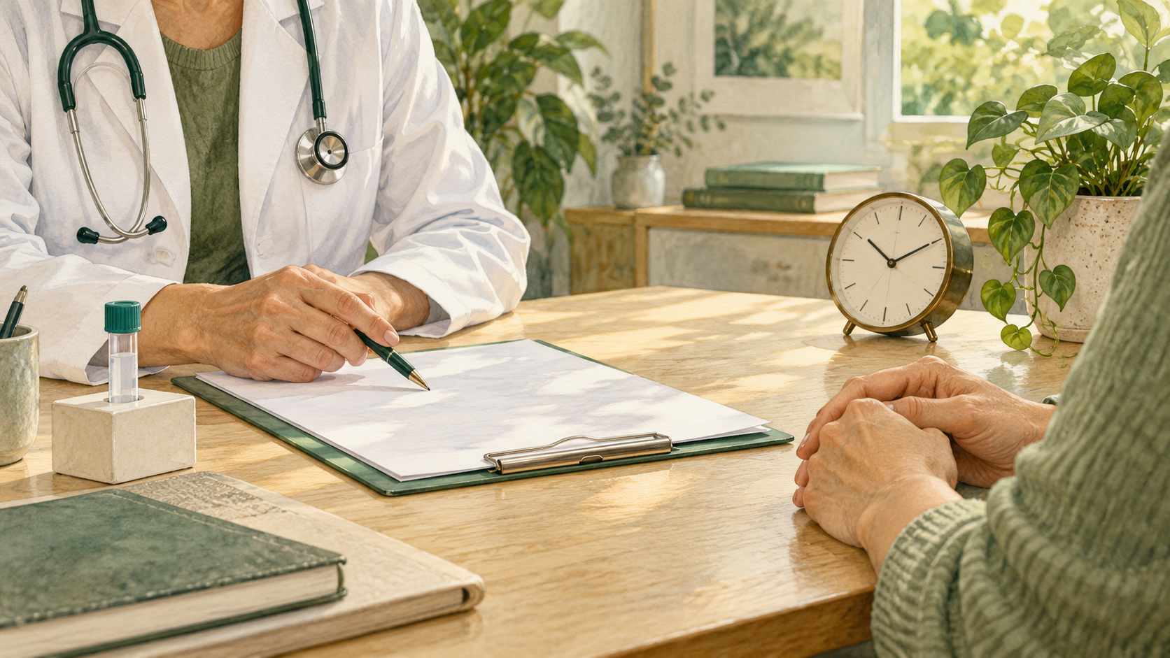 Illustration of a clinician discussing laboratory testing with a patient, with a sample tube and a clock on the desk.