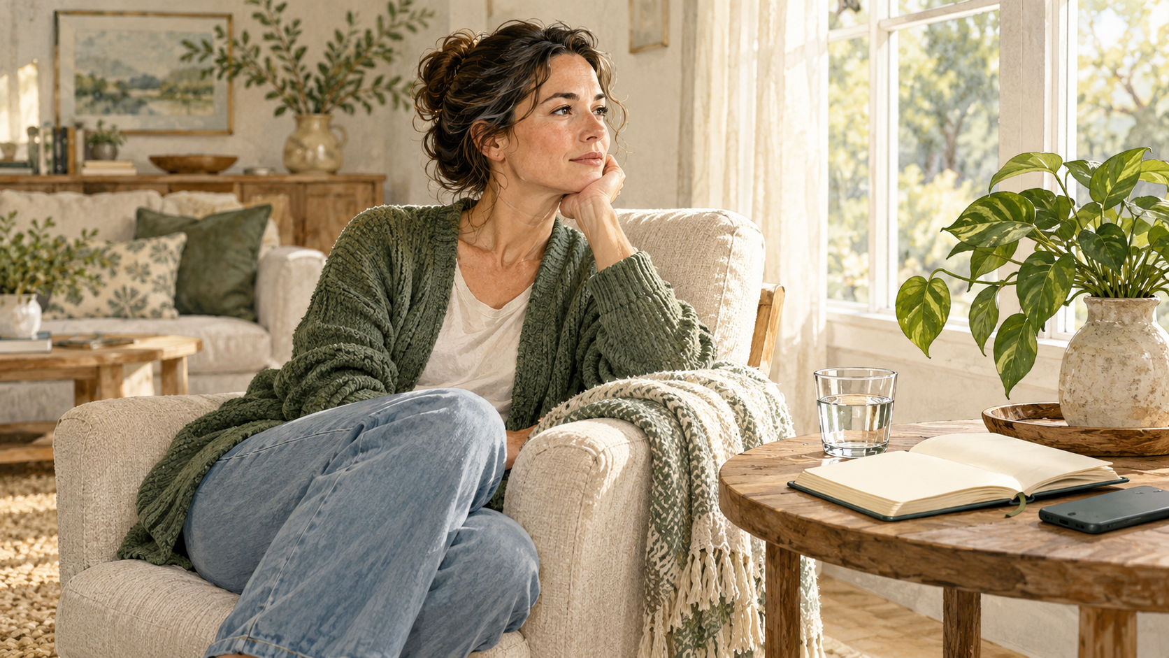 Illustration of an adult seated in a bright living room beside a glass of water and an open notebook.